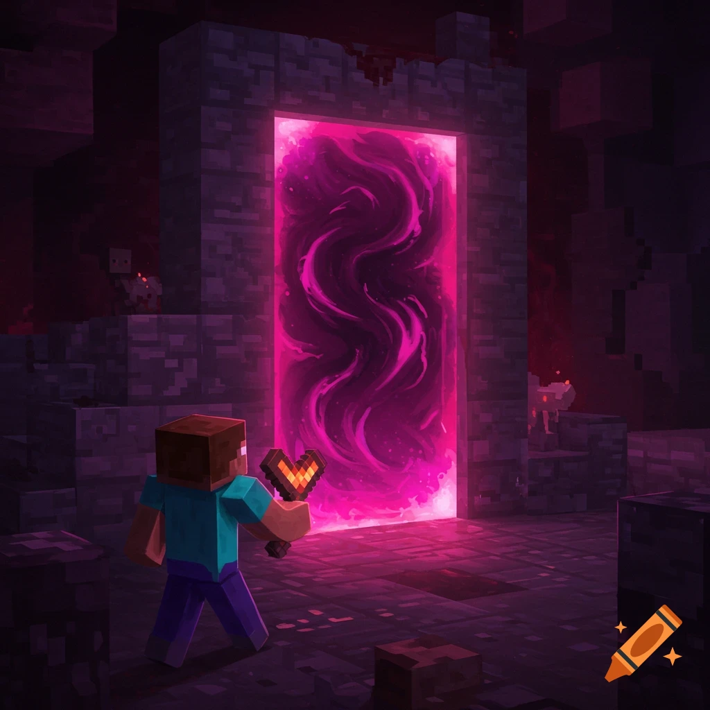 Steve holds a flint and steel in front of a glowing purple Nether portal in a dark cave.