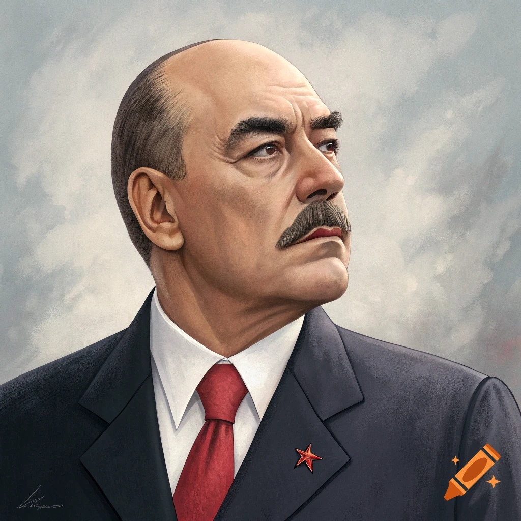 A painted portrait of a man with a mustache and a bald head, wearing a dark suit with a red tie and star pin.