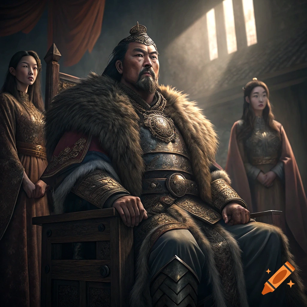 Genghis Khan sits powerfully on a wooden throne, wearing fur-lined Mongol armor, with two women behind him in traditional robes.