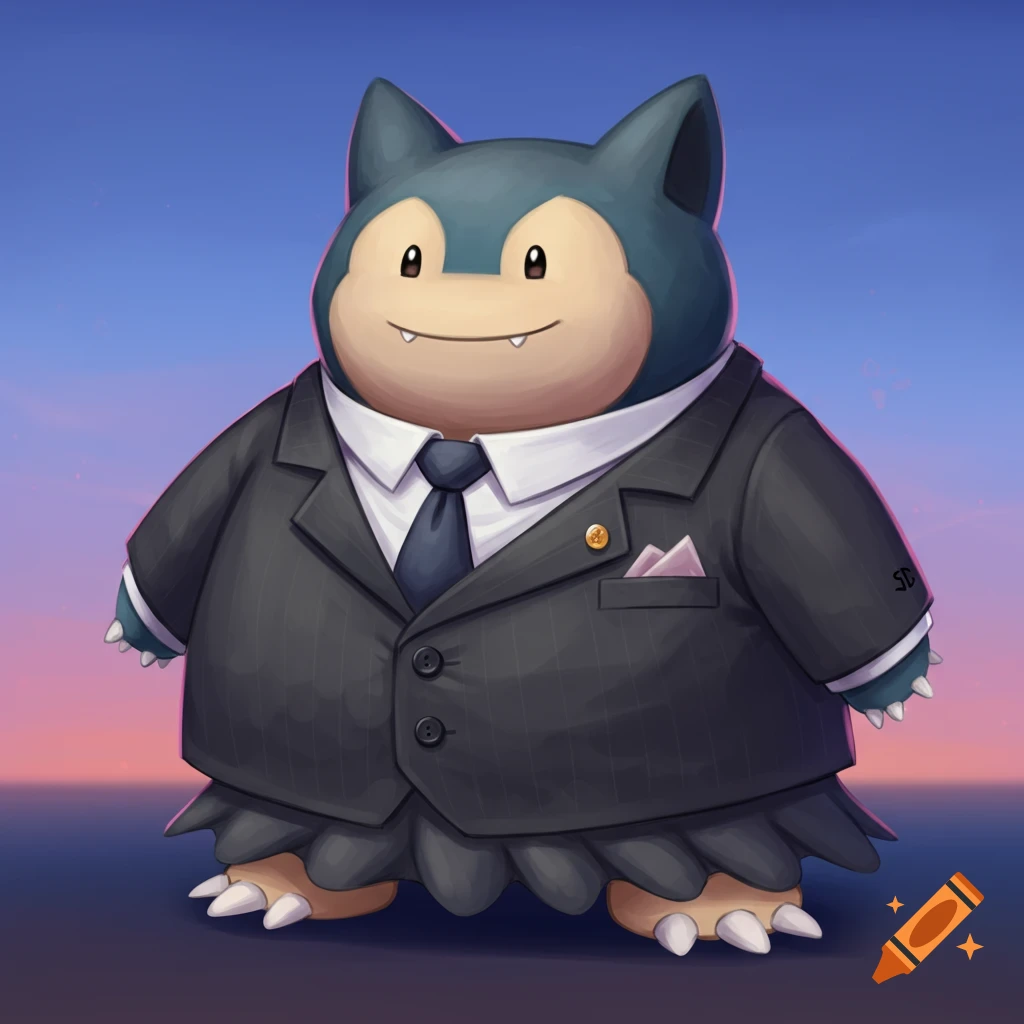 A Snorlax or Munchlax is depicted wearing a suit and tie.