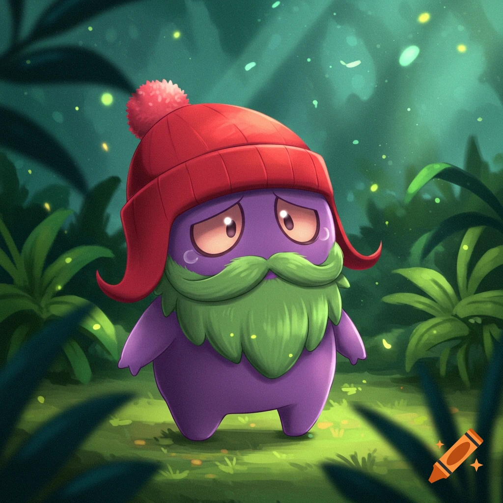 A sad purple cartoon creature with a red beanie and green beard stands in a forest.