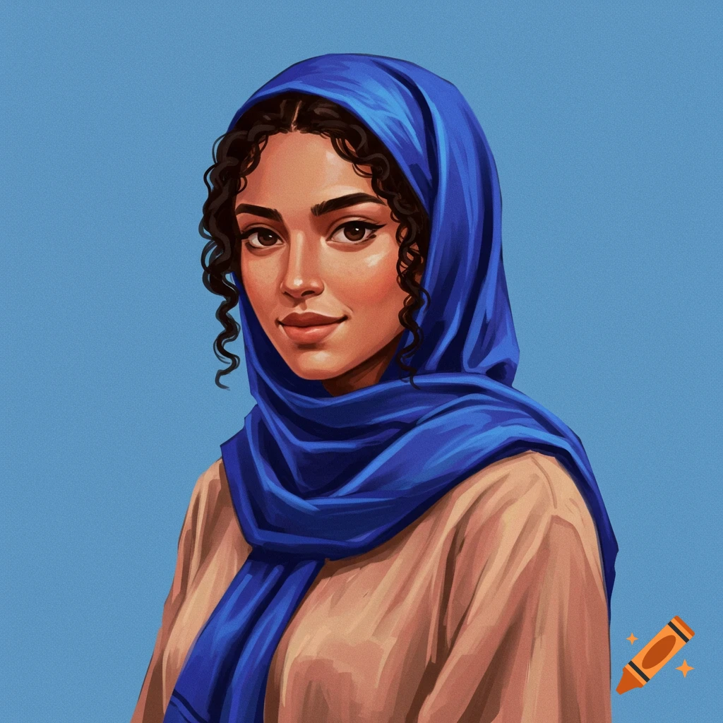 A portrait of a woman wearing a blue hijab.