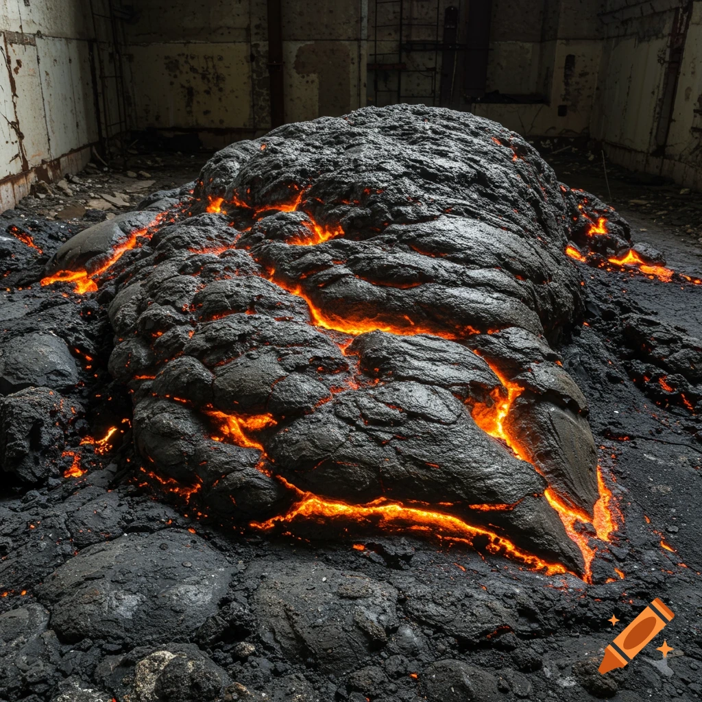 A large mass of glowing, molten black material on the floor of an abandoned room.