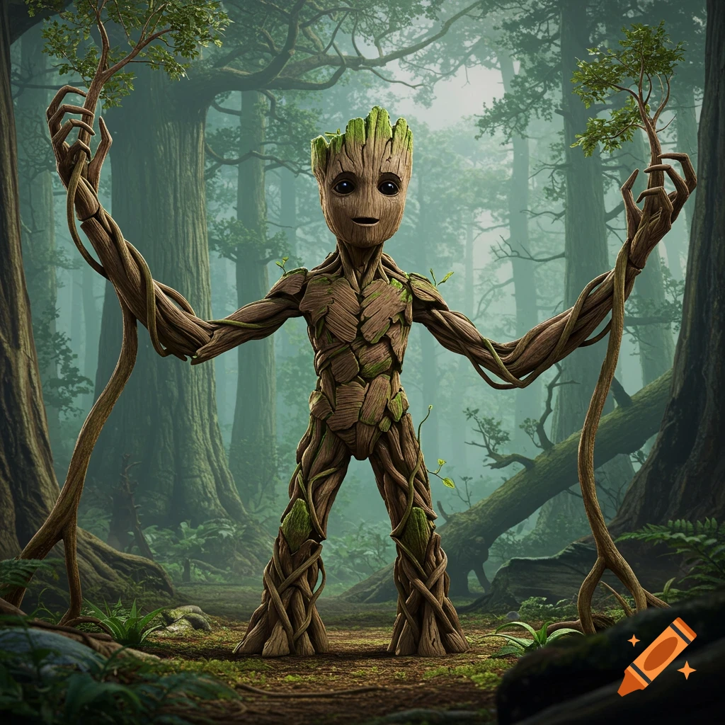 A wooden, tree-like creature inspired by Groot stands in an ancient forest.