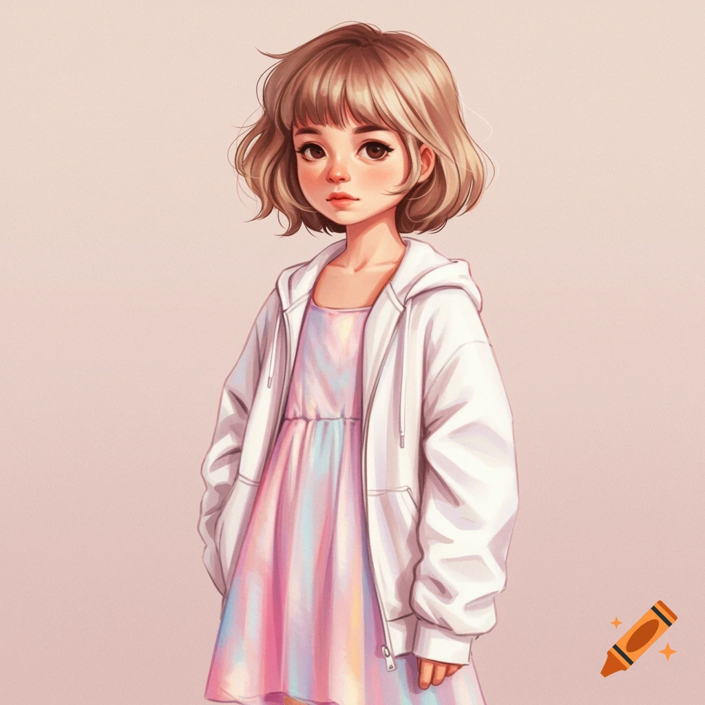 A girl with short brown hair, wearing a white hoodie over a pastel striped dress.