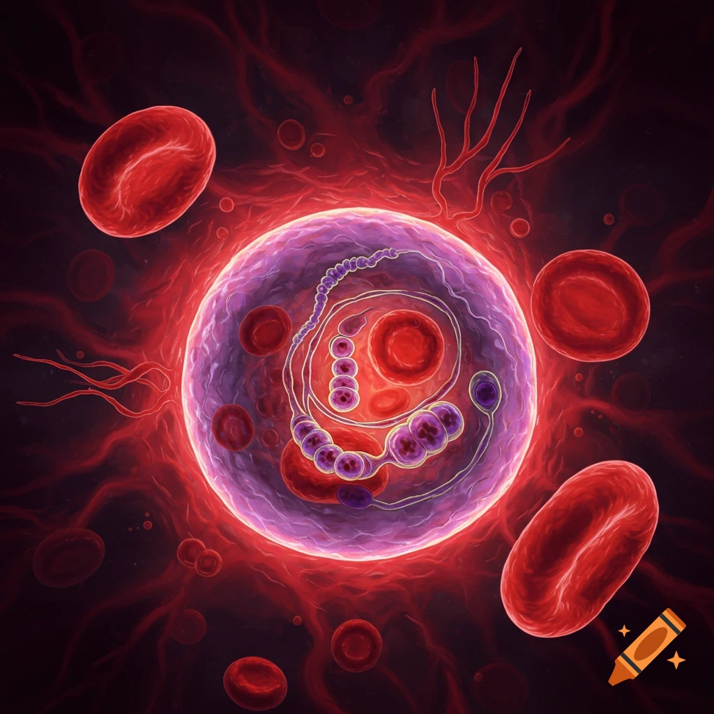 Red blood cells and a large parasite cell, likely malaria, in blood.