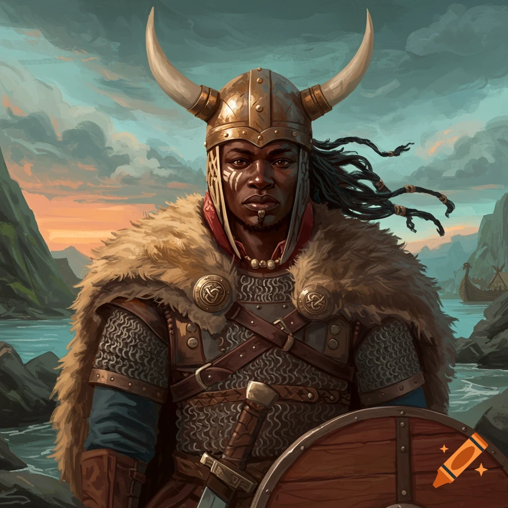 A person dressed as a viking with face paint and horned helmet, in a landscape.