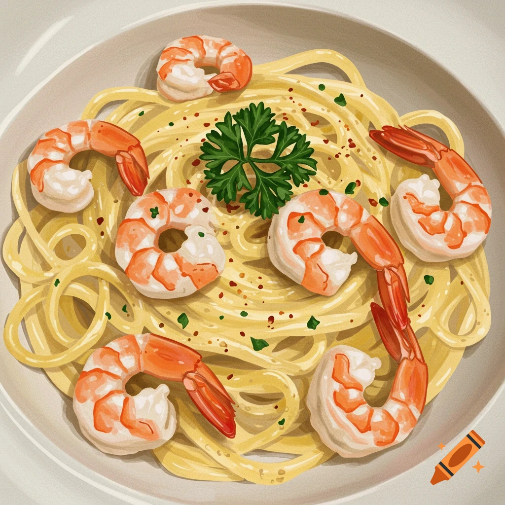 Shrimp linguine pasta with parsley and seasonings in a white bowl.