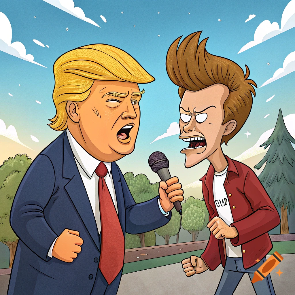 Cartoon of Donald Trump and a character in the style of Beavis or Butthead yelling at each other.