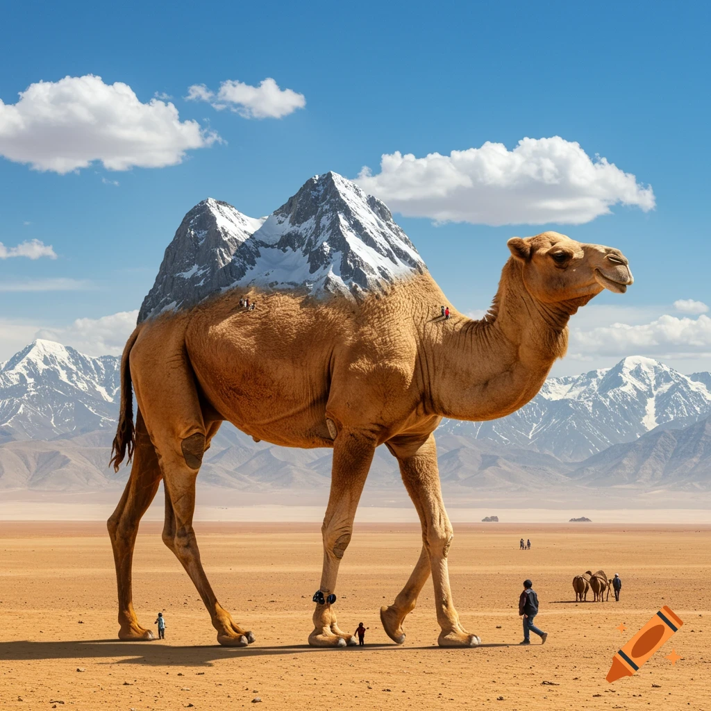 A colossal camel with snow-capped mountains for humps walks across a desert landscape with tiny figures of people.