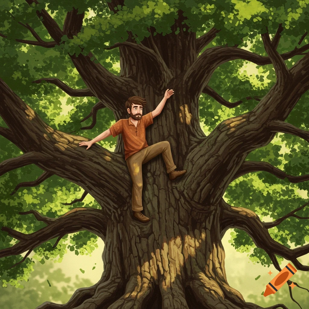 A person climbing a large, old oak tree with lush green leaves.