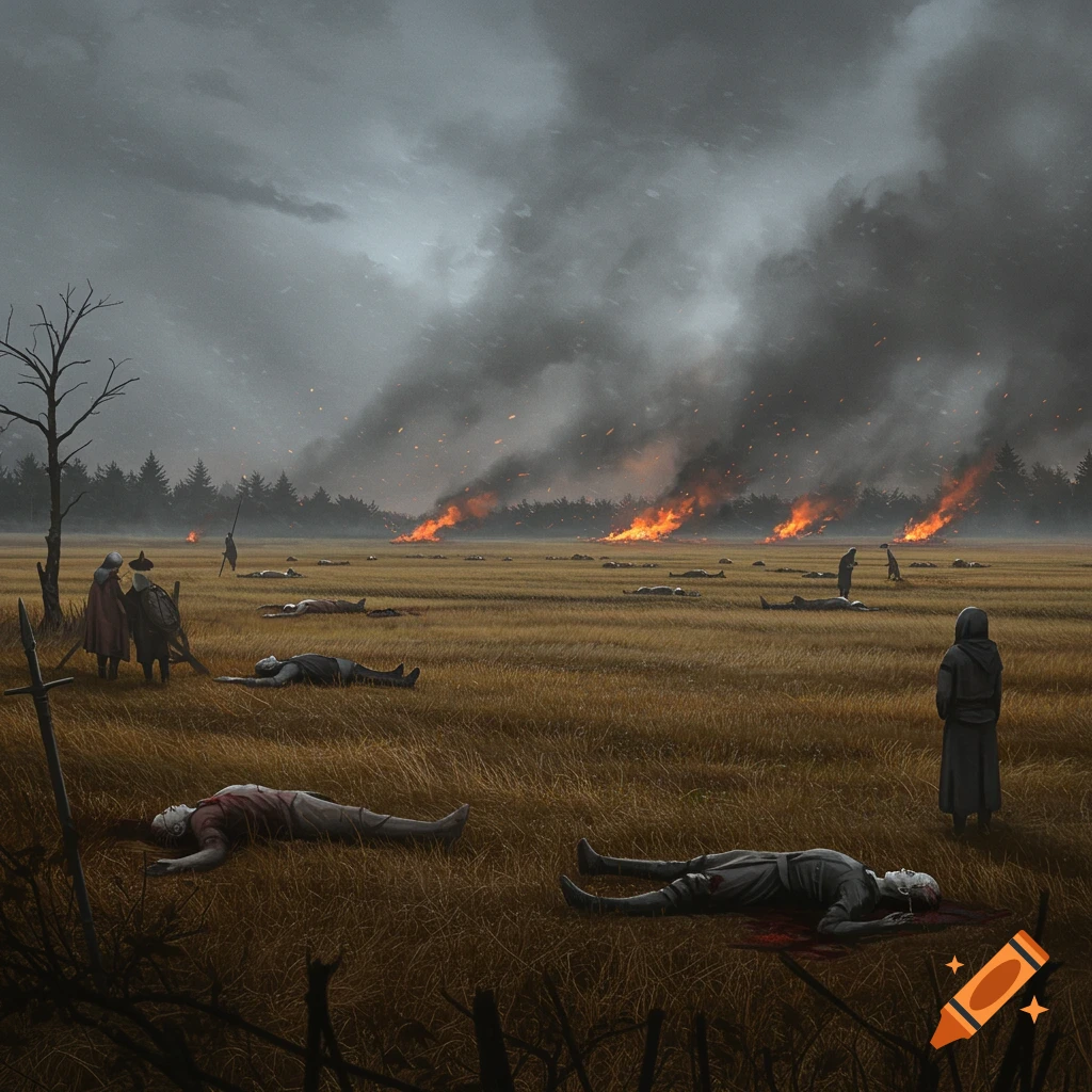 Dark fantasy painting of a field strewn with bodies after a battle, with figures standing and distant fires burning.