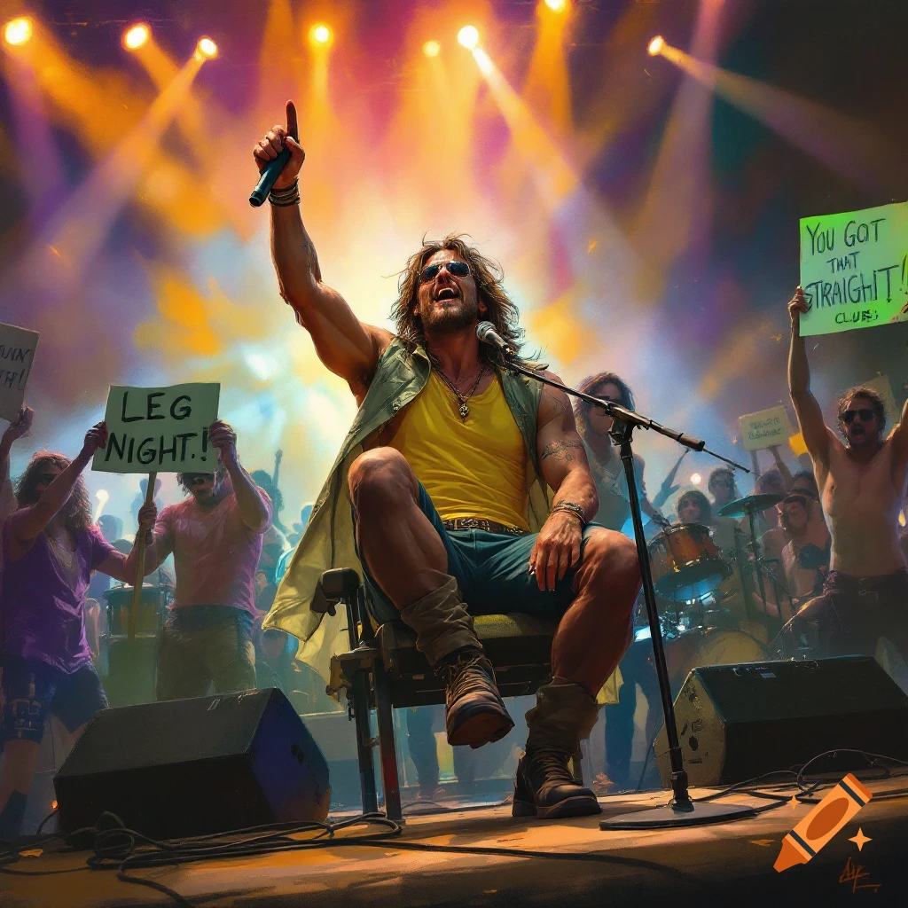 A muscular musician sits on a chair on stage singing to a cheering crowd holding signs at a concert.