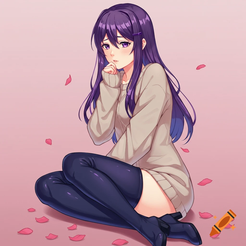Anime illustration of Yuri from Doki Doki Literature Club sitting in a sweater and thigh-high boots.