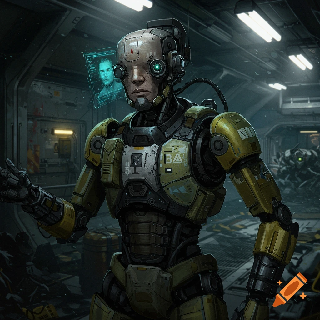 A cyborg in a sci-fi interior with a holographic display.