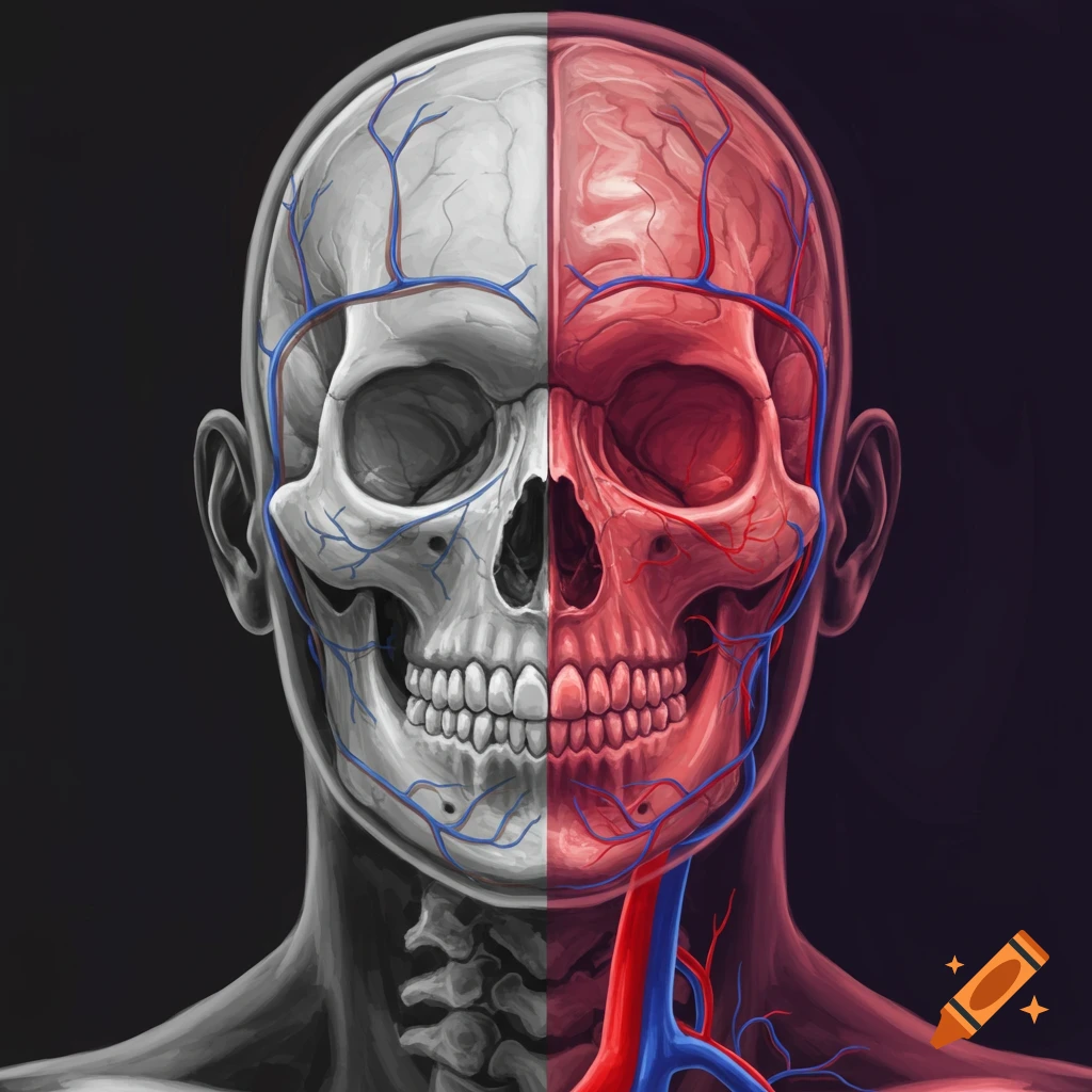 A head split vertically, showing a gray skull on one side and red/blue blood vessels on the other.