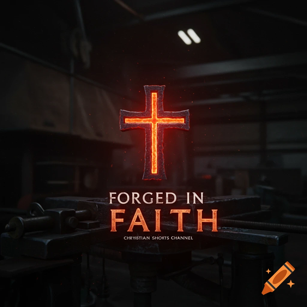 Logo of a glowing cross and 'Forged In Faith' text in a dark forge.