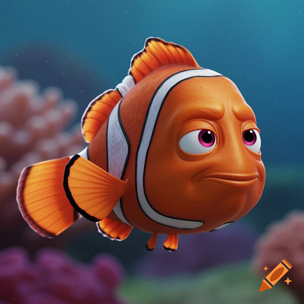 A cartoon clownfish underwater with a serious expression and prominent jawline.