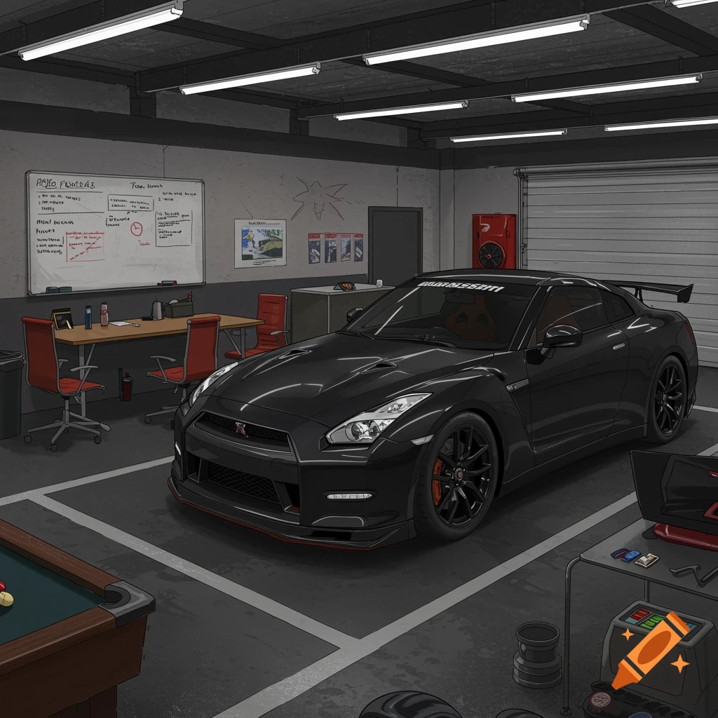 A black Nissan GT-R in a garage with a pool table, desk, and whiteboard.