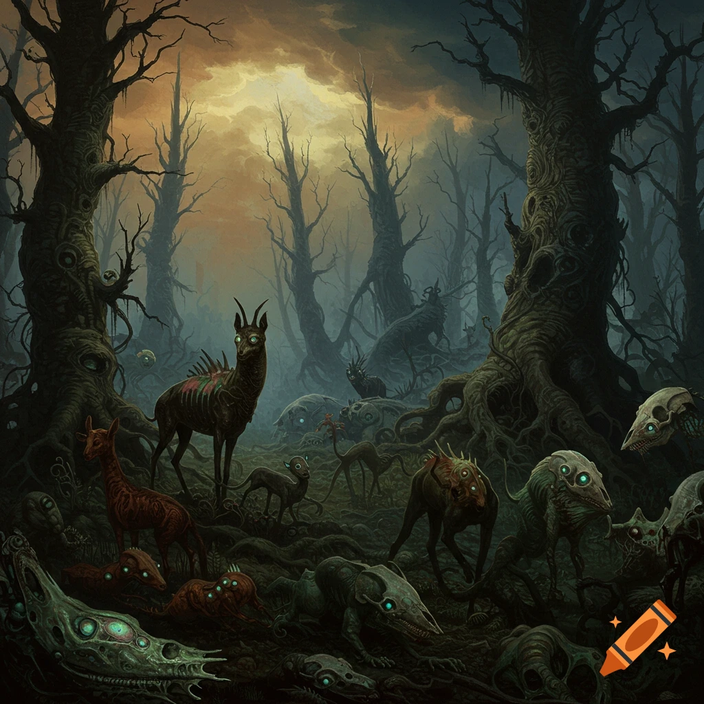 A dark, fantastical painting in the style of Zdzislaw Beksinski, depicting mutated creatures roaming a twisted, eerie forest.