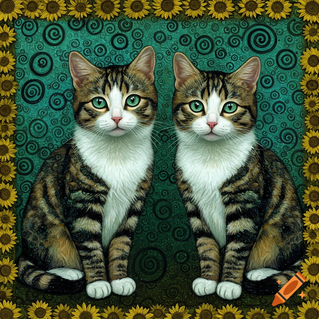 Two tabby cats in an artistic style with a swirling green background and a sunflower border.