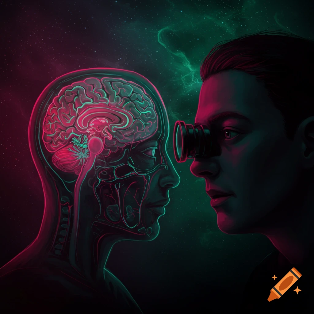 A person looks through a scope into a transparent head showing a glowing brain, against a cosmic background.