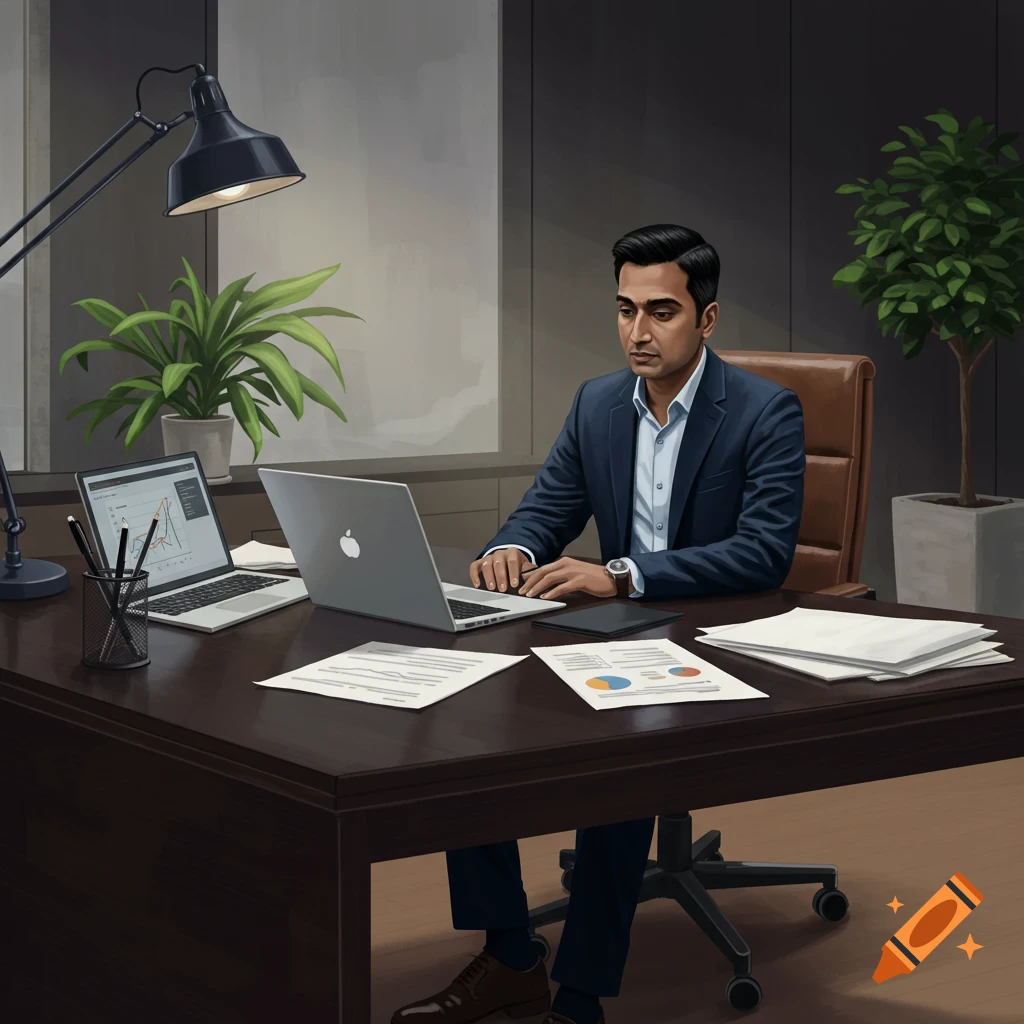 A man in a suit is working on a laptop at a large desk.