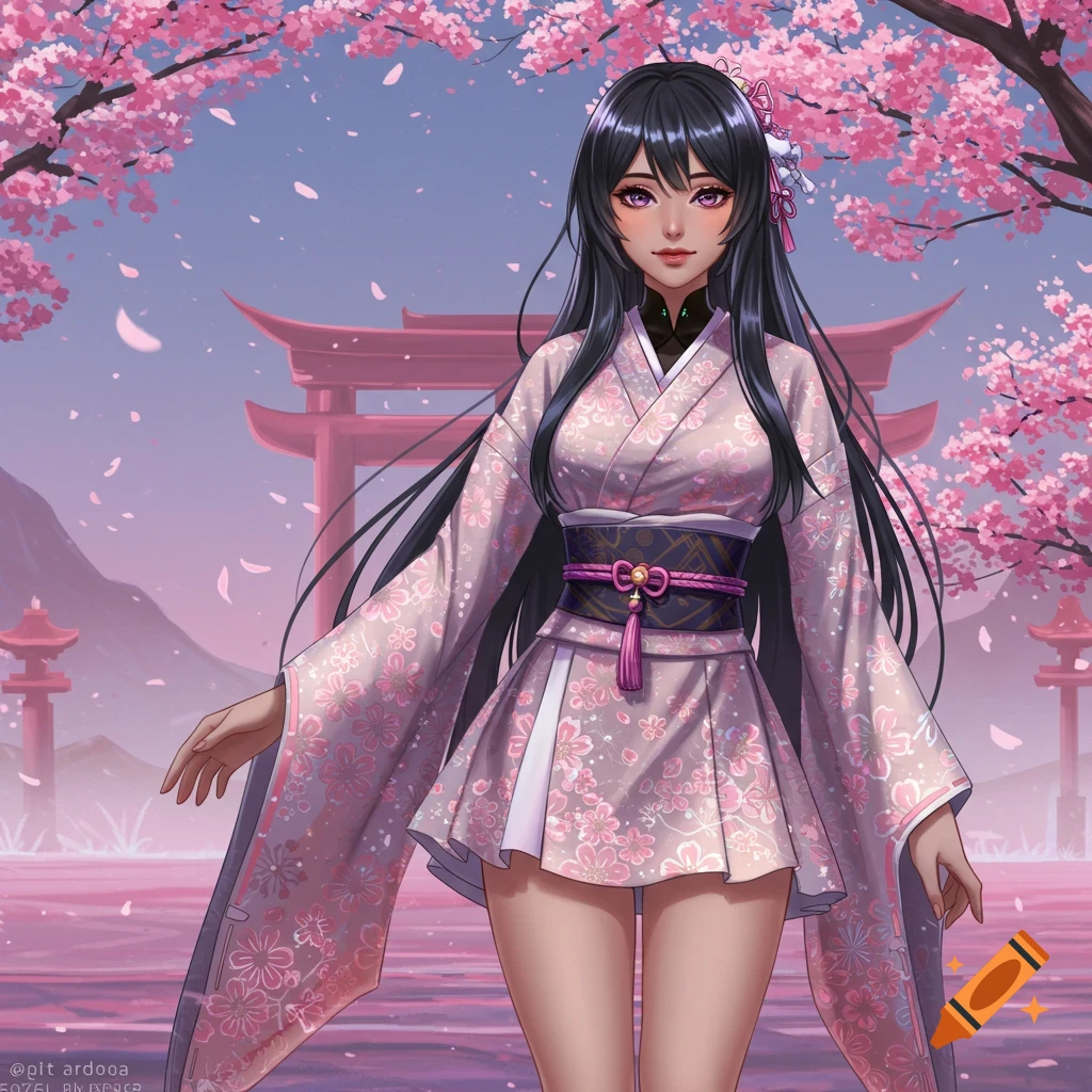 A woman in a pink kimono-style dress stands near cherry blossom trees and a torii gate in an anime style.