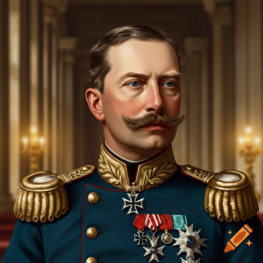 A man in a blue military uniform with medals and a mustache stands in an ornate room.
