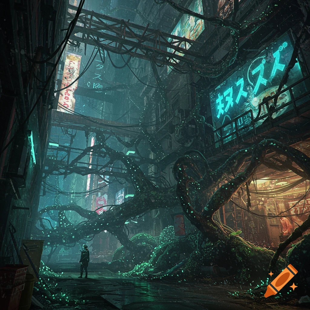 A figure stands in a dark cyberpunk street with glowing fungal tendrils intertwined with pipes and neon signs.