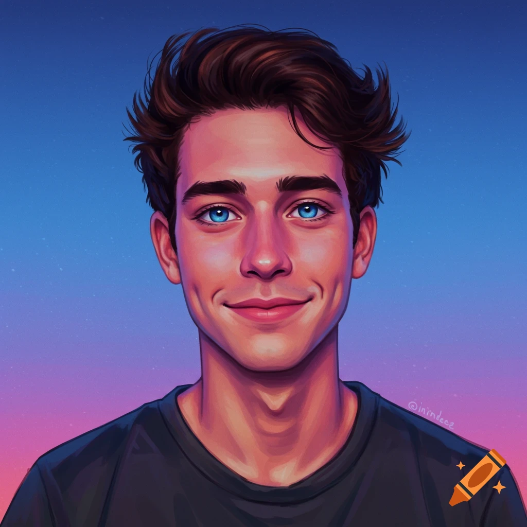 A portrait of a young man with blue eyes smiling.