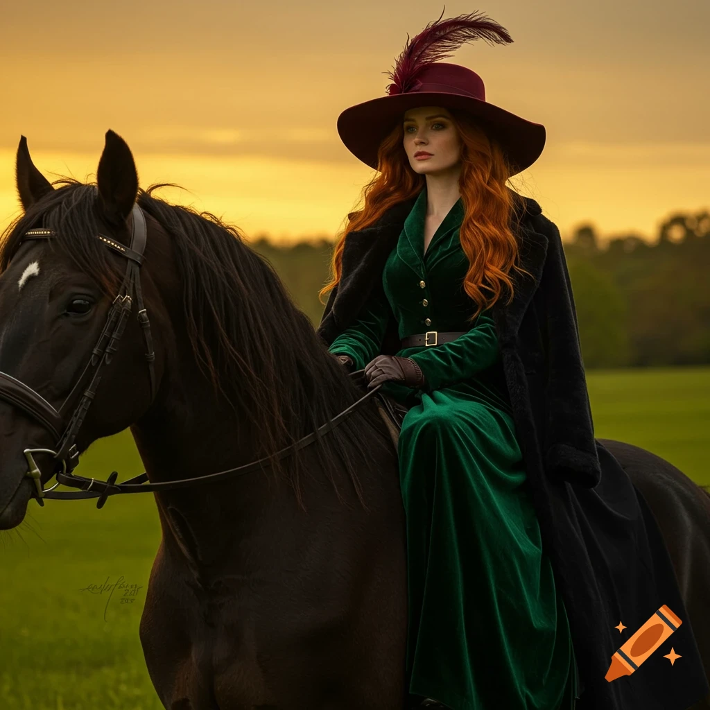 A woman in a green dress and large hat rides a black horse in a field at sunset.
