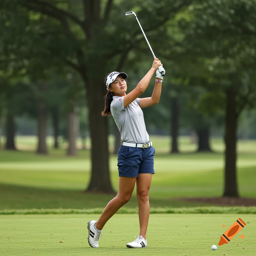 Young woman golfer swinging a club during her follow through on a golf course.