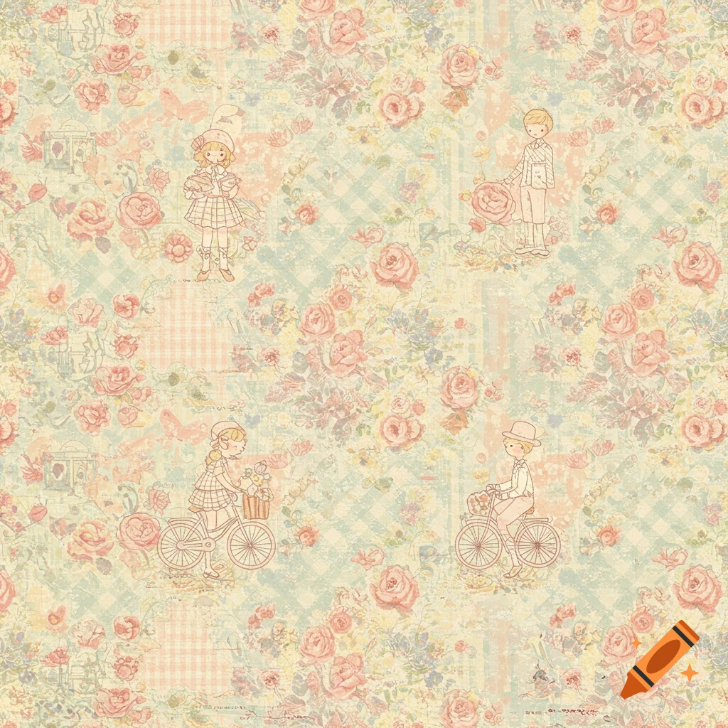 Vintage floral wallpaper pattern with illustrated children on bicycles