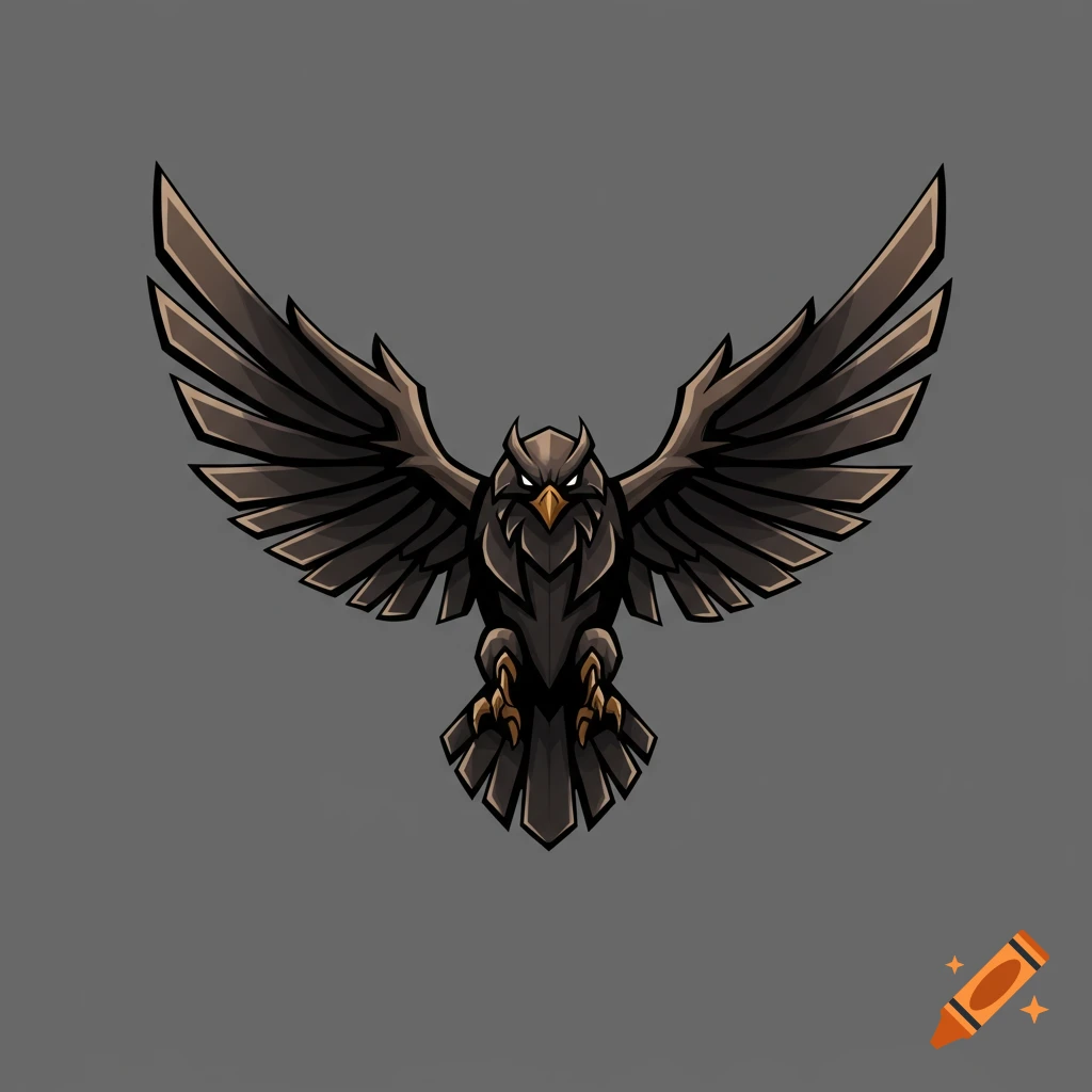 A stylized logo of a dark bird with spread wings on a grey background.
