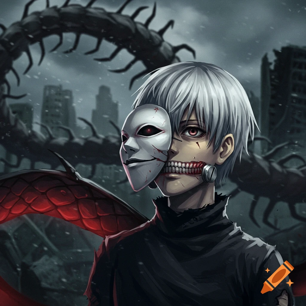 Anime character wearing a mask, exposing teeth and jaw, with a large centipede creature and ruined city in the background.