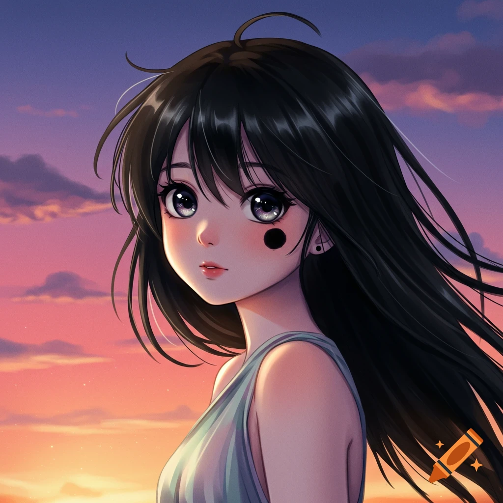 Anime portrait of a girl with black hair and a black mark on her cheek against a sunset sky.