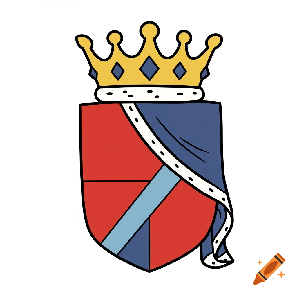 A cartoon coat of arms with a yellow crown and blue mantle.