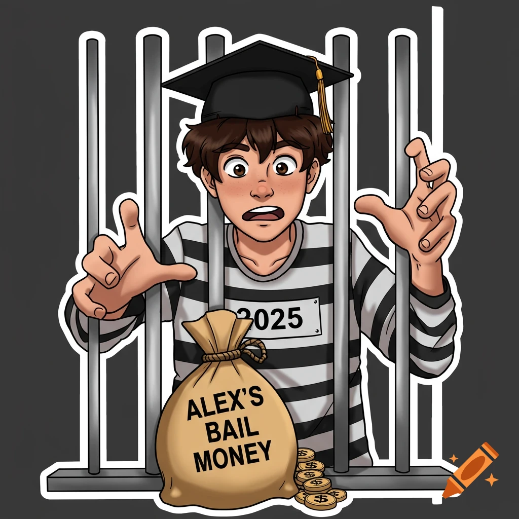 Cartoon illustration of a young man in a graduation cap and jail shirt behind bars, reaching for a money bag.
