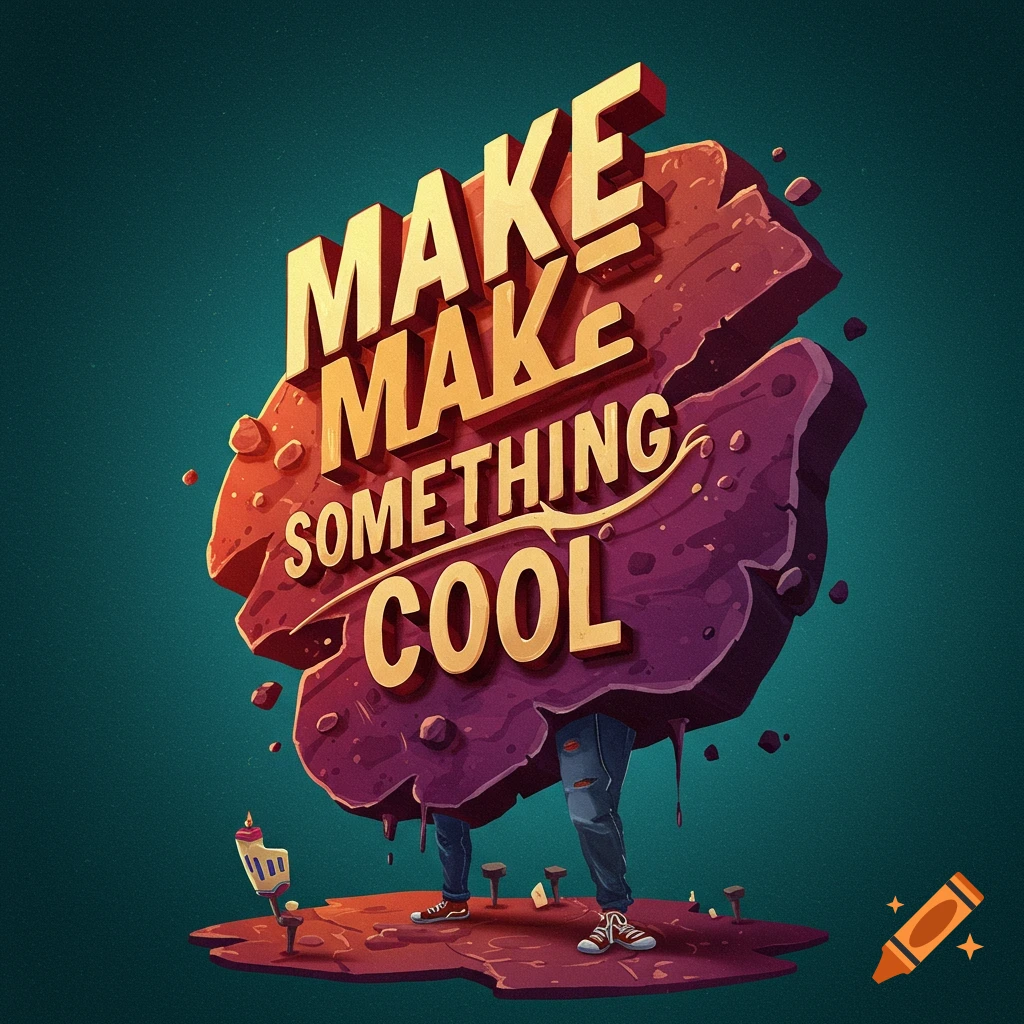 A large, stylized text graphic reading 'MAKE MAKE SOMETHING COOL' sits on a purple rocky surface with legs poking out.