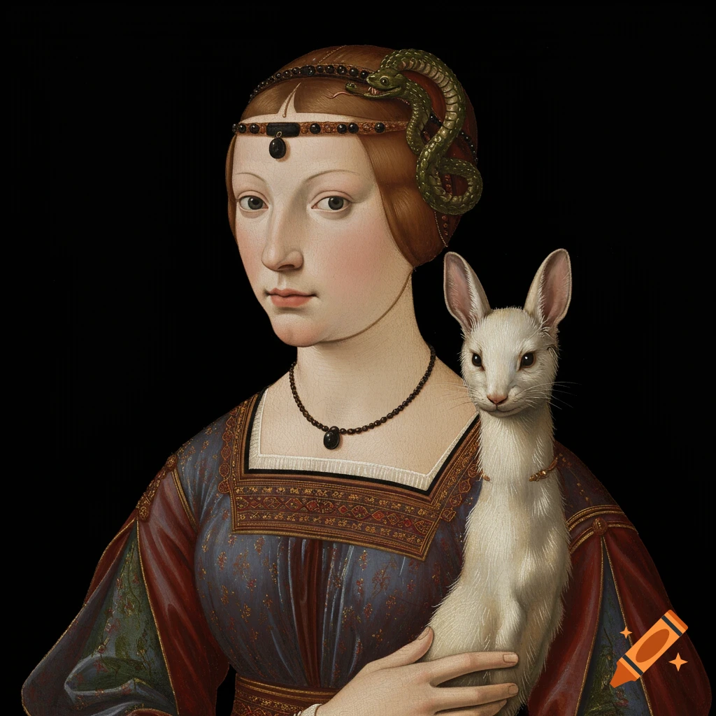 A woman in historical dress holding a white animal, with a snake on her head, in a classical style.