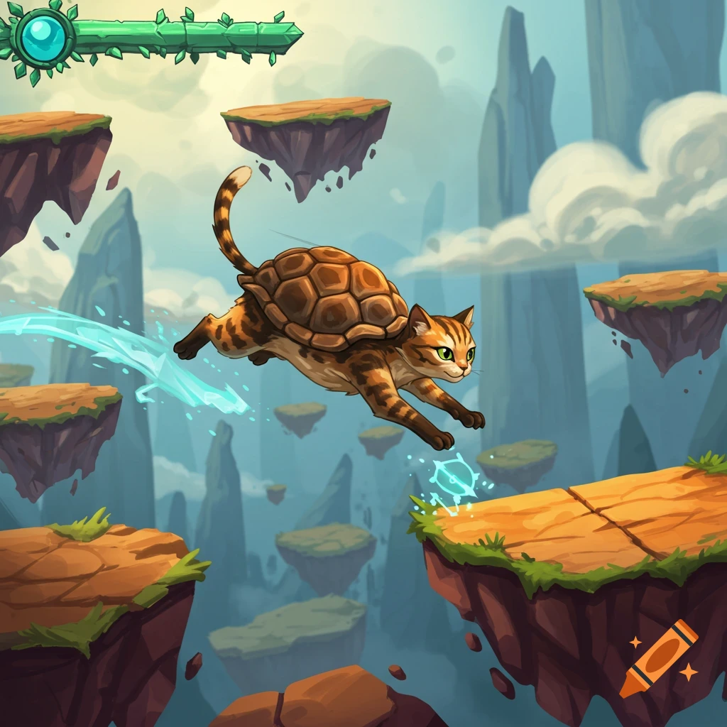 A stylized cat with a turtle shell jumps between floating platforms.