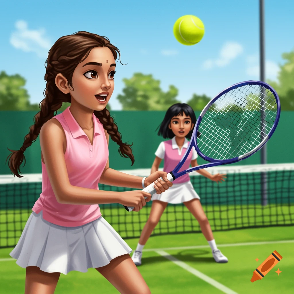 Two young girls play tennis on a sunny court.
