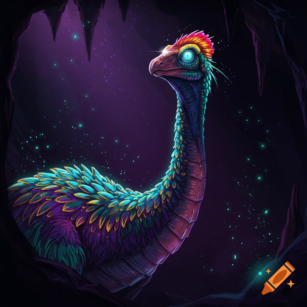 A colorful fantasy creature resembling a dinosaur in a glowing cave.