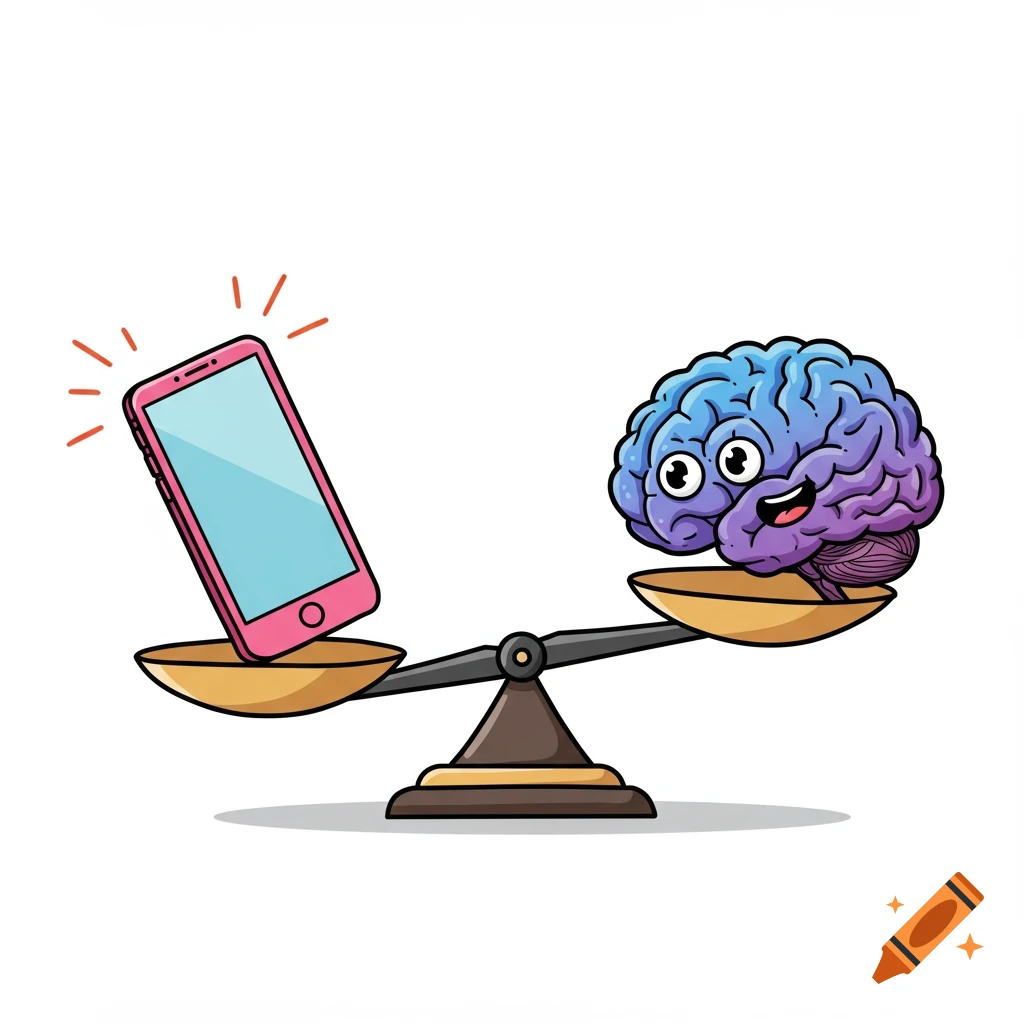 A cartoony illustration of a scale balancing a phone on one side and a brain on the other.