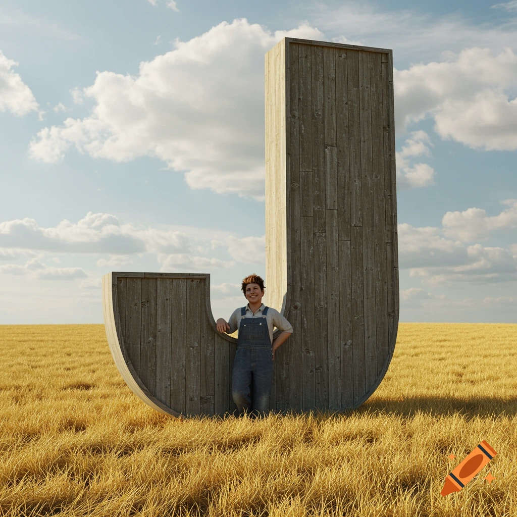 Person leans against a giant letter J in a golden field under a cloudy sky.