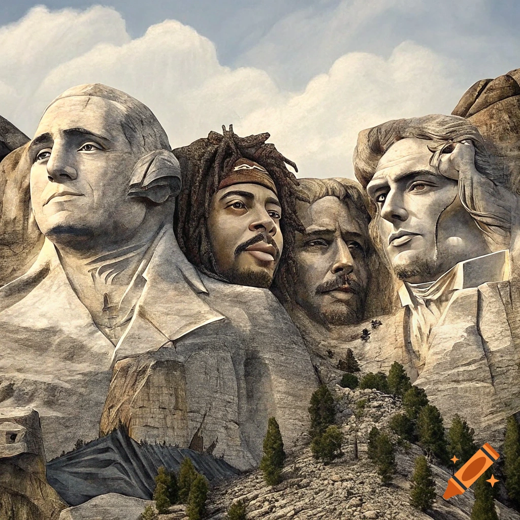 Faces carved into a mountain in the style of Mount Rushmore under a cloudy sky.
