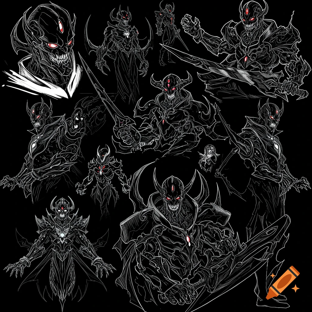 Black and white line art sketches of a monster with red eyes and armor.