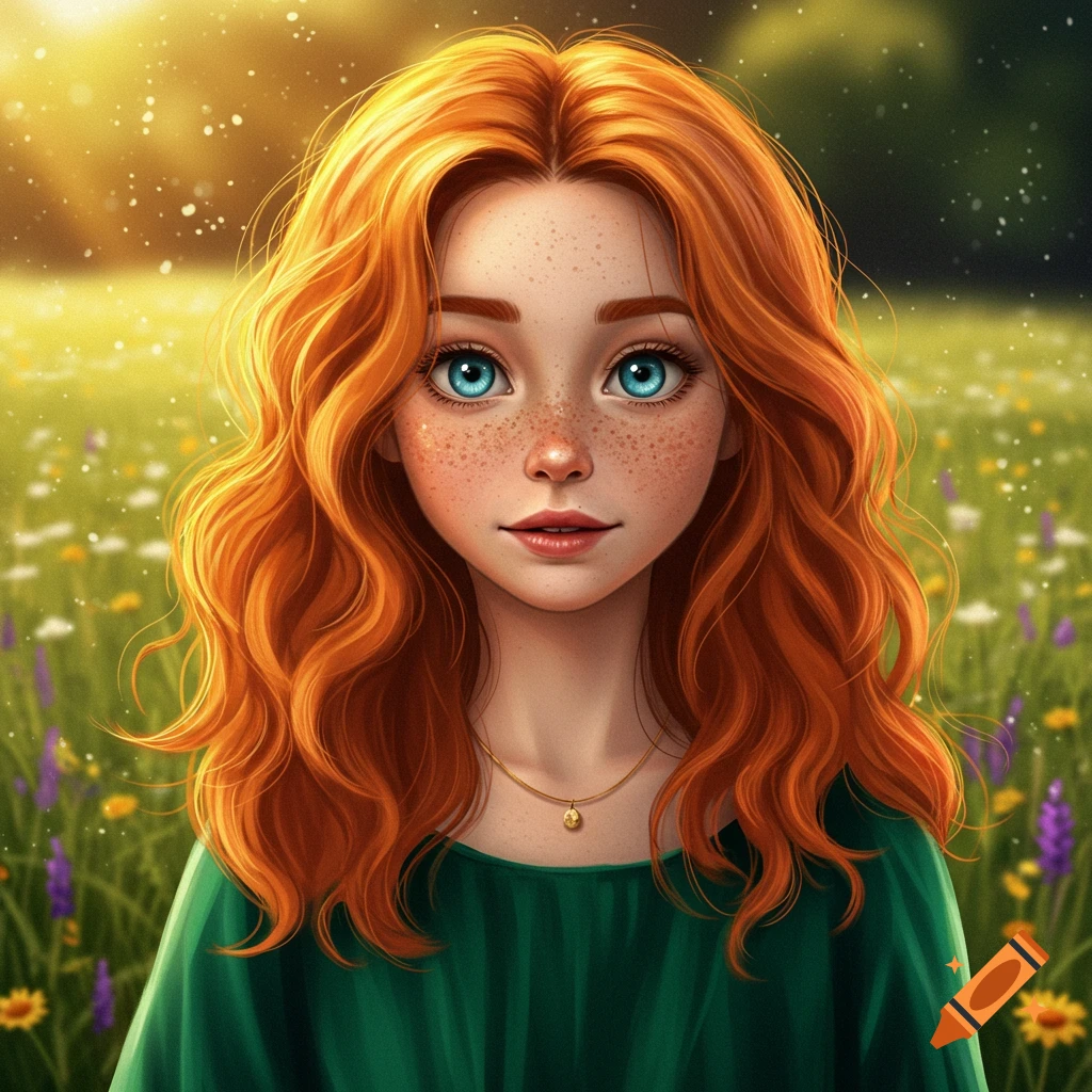 A young redhead girl with freckles and blue eyes stands in a sunny field.