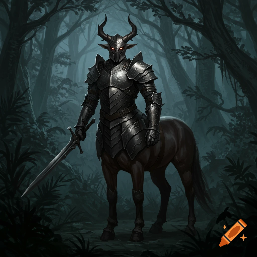 An armored centaur knight with horns and glowing red eyes holds a sword in a dark forest.